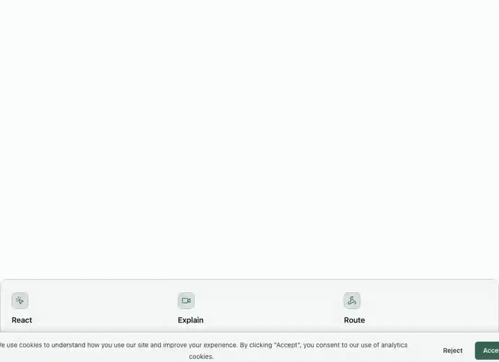 MUS demo: hovering an AI-generated card reveals a feedback toolbar with voice, thumbs, support and video actions